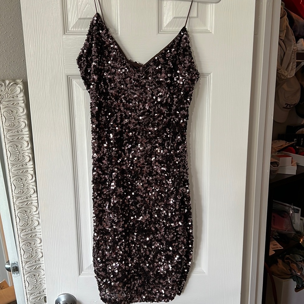 brown sparkly Fashion Nova dress